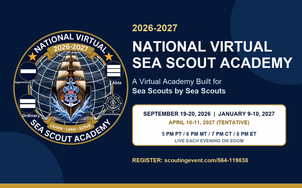 National Virtual Sea Scout Academy 2026-2027 with session dates, Zoom times, and registration address