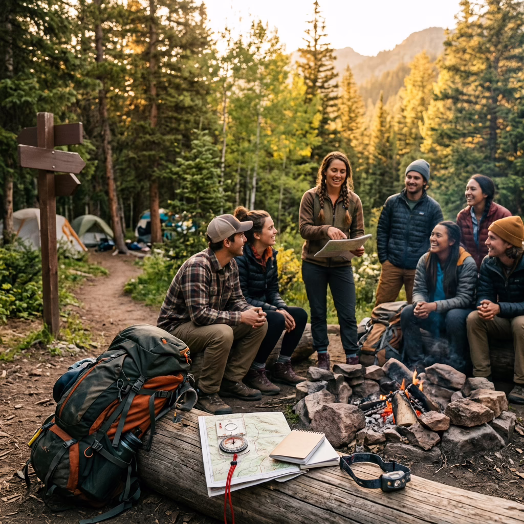 Hikers plan a route beside a campfire at a forest campsite