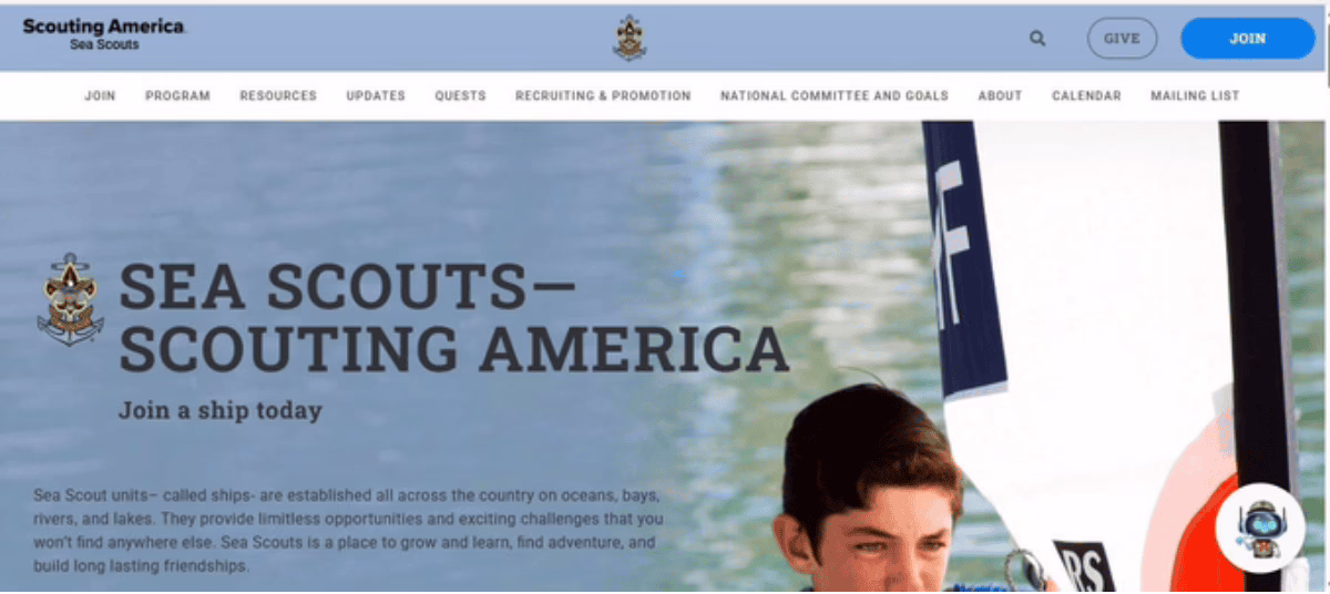 SeaScout.org homepage highlighting Sea Scouts and joining a ship